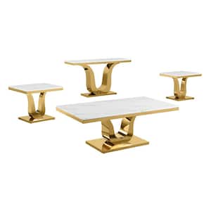 Eric 55 in. L. White Rectangle Marble Top Coffee Table Set With Gold Stainless Steel Base Set Of 4