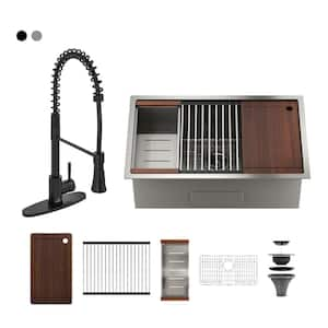 Stainless Steel Sink 30 in. Single Bowl Undermount Workstation Kitchen Sink with Matte Black Faucet and Accessories