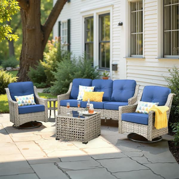 Denver 5-Piece Wicker Outdoor Furniture Patio Conversation Sofa Set with Swivel Rocking Chairs and Navy Blue Cushions