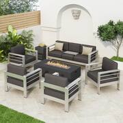 Valentina Dark Grey 7-Piece Aluminum Outdoor Patio Fire Pit Conversation Set with Khaki Cushions