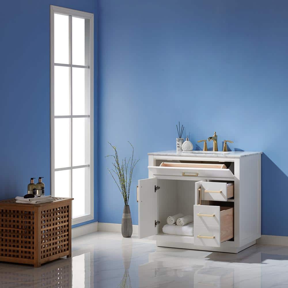 Ivy 36" White Marble Countertop Single Vanity with Gold Hardware