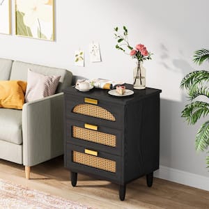 Fenley 19.7 in. Black 3-Drawers Nightstand Bedside Table Bedroom Night Stand Rattan Sofa End Table with Storage