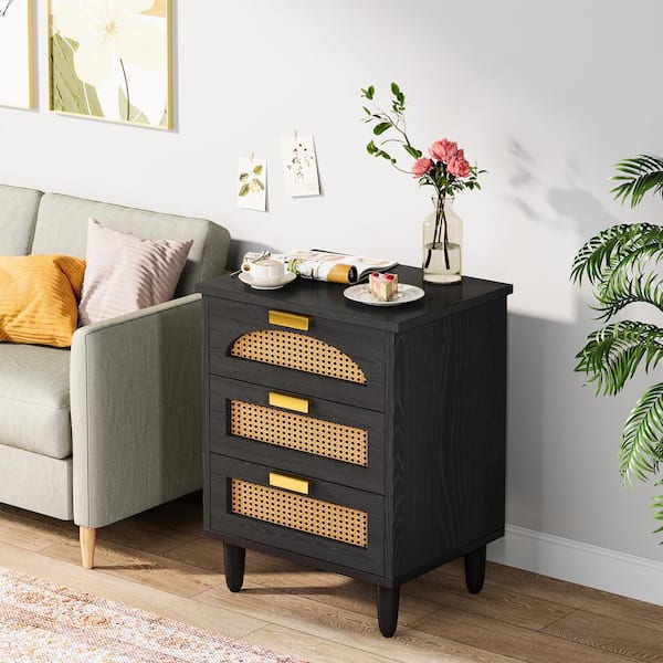 BYBLIGHT Fenley 19.7 in. Black 3-Drawers Nightstand Bedside Table Bedroom Night Stand Rattan Sofa End Table with Storage