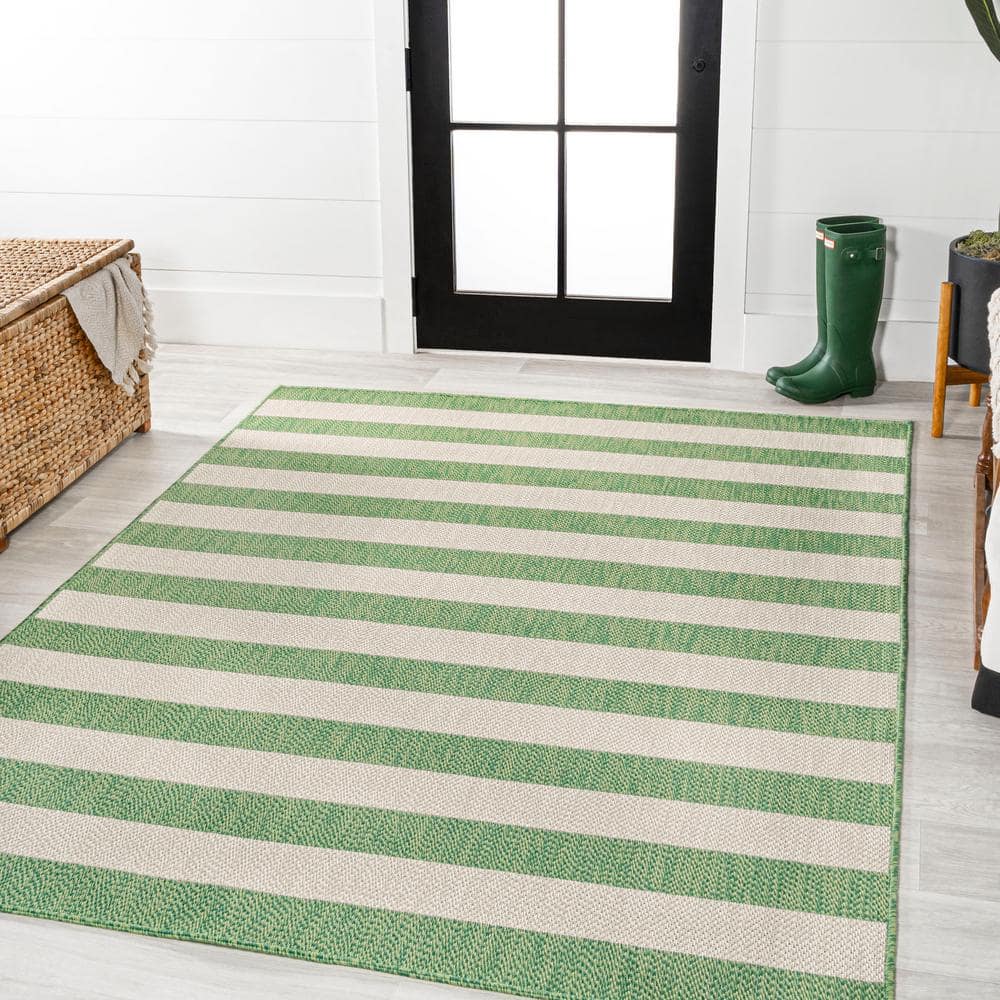 Ivory and Green Wide Stripe 5x8 Synthetic Area Rug