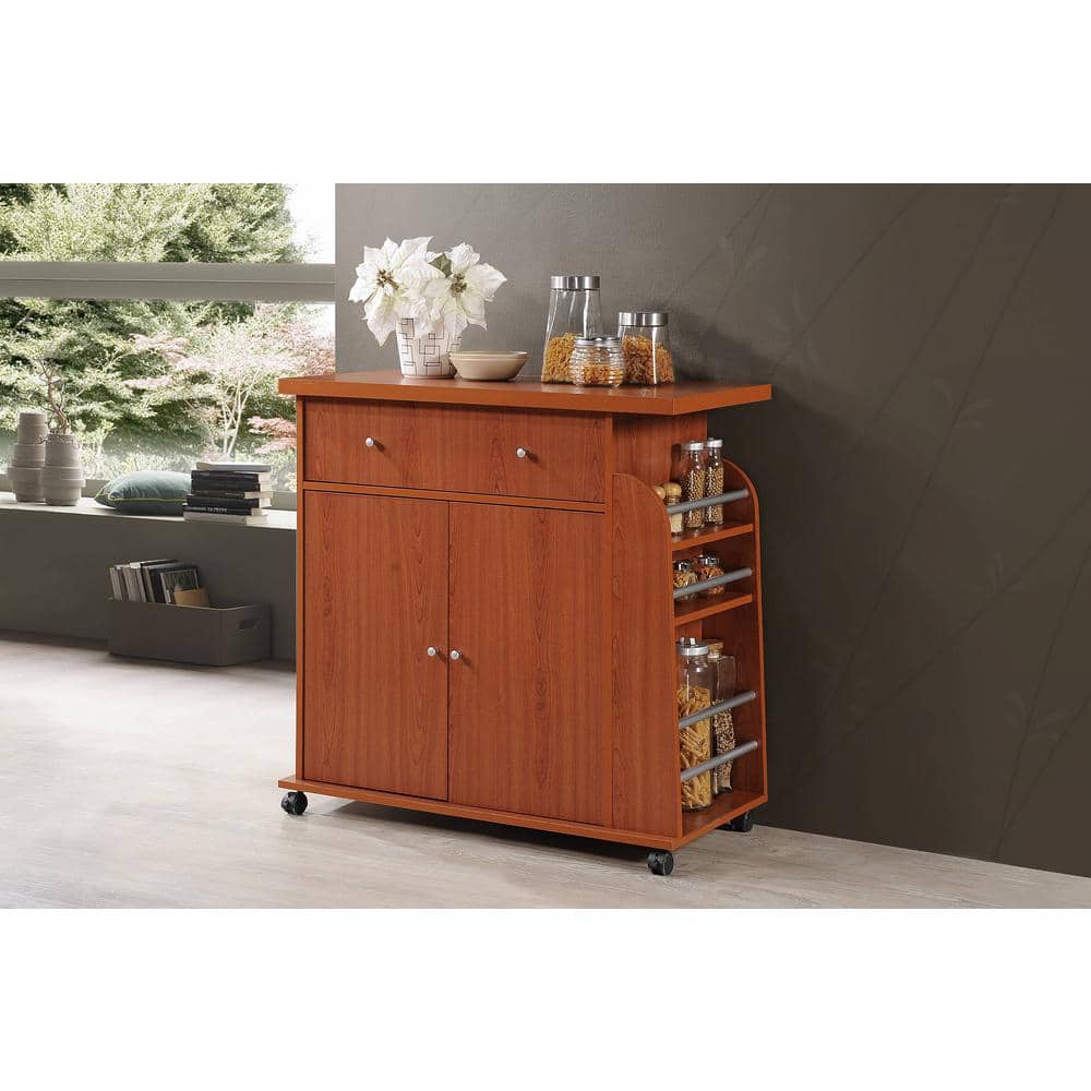 Cherry Wood Kitchen Cart with 3-Shelf Spice Rack and Storage