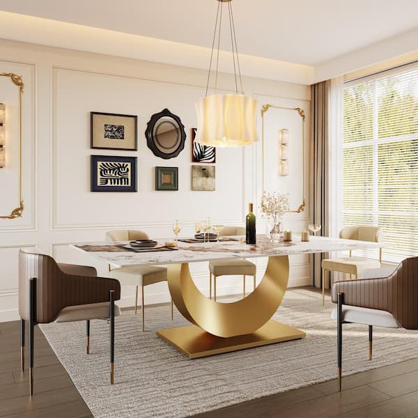 Roesler White Gold 78.7 in. Pedestal Luxury Dining Table with White Pandora Sintered Stone Tabletop for 8-People