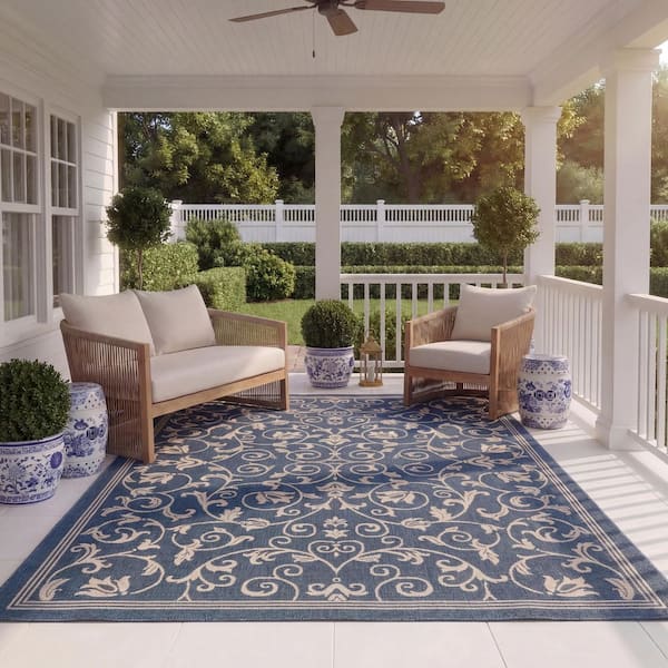 Courtyard Navy/Beige 8 ft. x 11 ft. Border Indoor/Outdoor Patio Area Rug