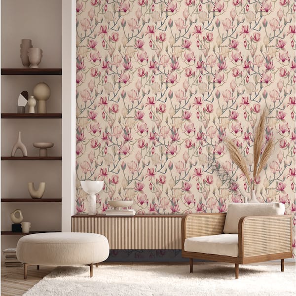 Beige Magnolia Flowers Print Non Woven Non-Pasted Textured Wallpaper 57 sq. ft.