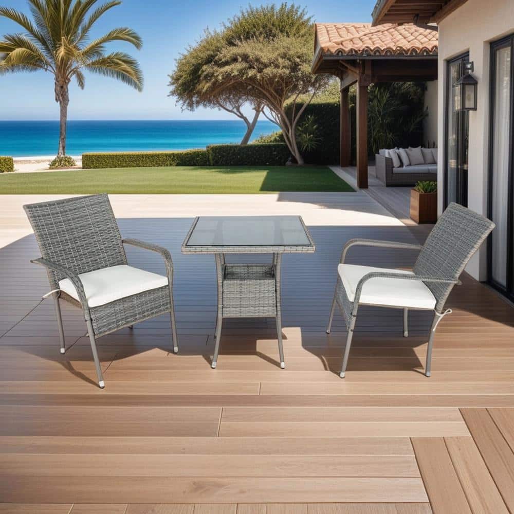 3-Piece Wicker Patio Conversation Set with White Cushions