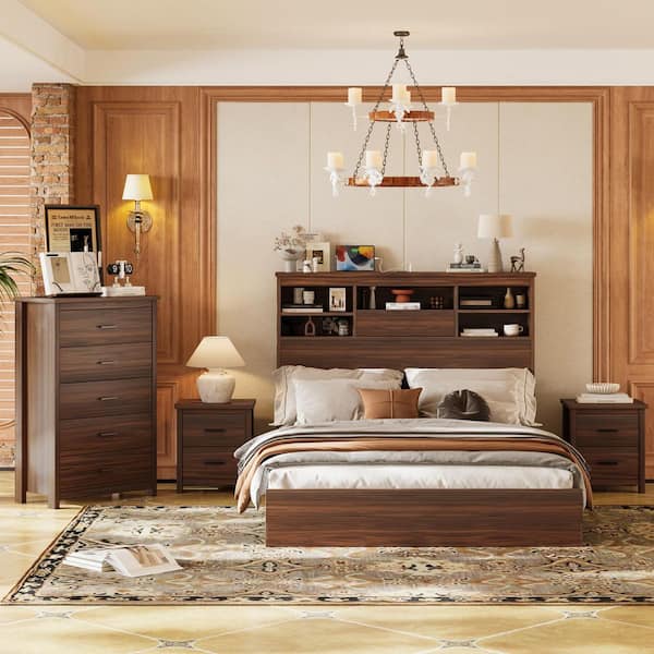 bedroom dresser set 4-Piece Walnut Brown Wood Frame Queen Size Platform Bed with Charging Station, 2 Nightstands and 1 blazersize-38 SAME Strapless Beaded Fringe Base:Black Tripod Base more durable surface for Piece