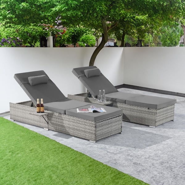 2-piece Patio Chaise Lounge Chairs, Rattan Reclining Chair Adjustable Backrest with Gray Cushion