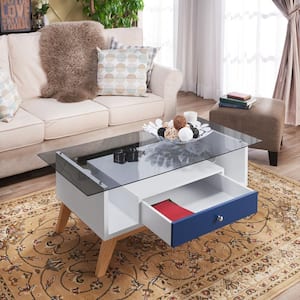 Eleanore 48 in. Navy/White/Brown Large Rectangle Glass Coffee Table with Drawers