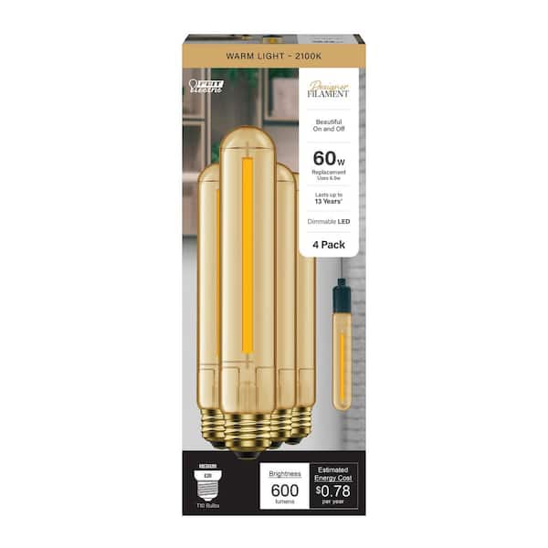 Feit Electric 60-Watt Equivalent T10L Dimmable Straight Filament Amber E26 Vintage Edison LED Light Bulb, Warm White 2100K (4-Pack)