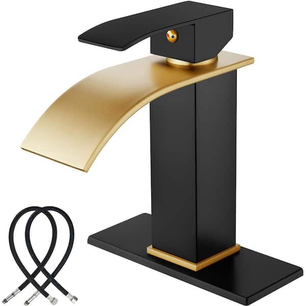 Unbranded Single Handle Single Hole Bathroom Faucet with Deckplate Included and Water Hose in Brushed Gold and Matte Black