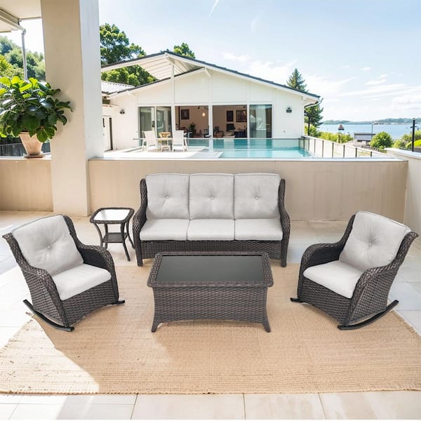 Gymojoy Carlos 5-Piece Brown Wicker Patio Conversation Set with Rocking Chairs, Beige Cushions and Side Table