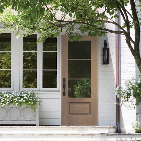 36 in. x 80 in. 1 Panel Left Hand Inswing 3-Lite Clear Warm Toffee Fiberglass Prehung Front Door with Brickmould