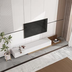 94 in. White Walnut Wood Modern Retractable TV Stand with 3 Storage Drawers Fits TV up to 100 in.