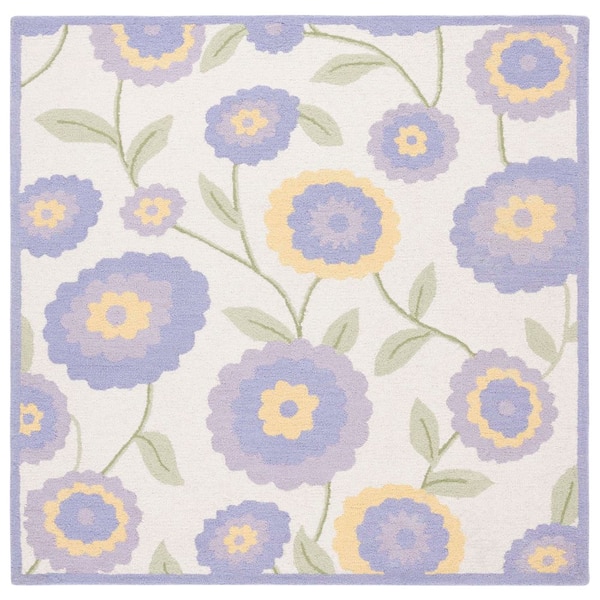 Kids 6 ft. x 6 ft. Square Lavander/Ivory Border Floral Area Rug