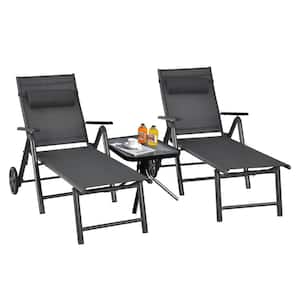 Folding Outdoor Lounge Chair Patio Portable Longer with Wheels and Adjustable Backrest (Set of 2)