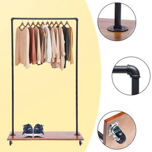 Freestanding Rolling Black Iron Clothes Rack Display Stand with Top Rail & Lower Shelf 39.3 in. W x 63 in. H