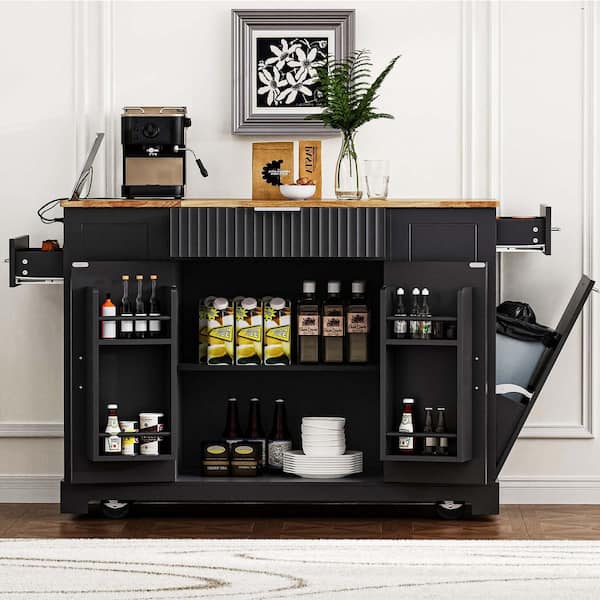 Black Wood 48.5 in. Kitchen Island with Trash Can Storage Cabinet, Power Outlet, 3-Drawer, 5-Wheels