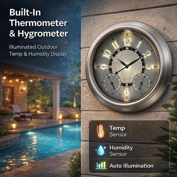 15 Inch Outdoor Wall Clock with Auto LED Light Sensor, Waterproof