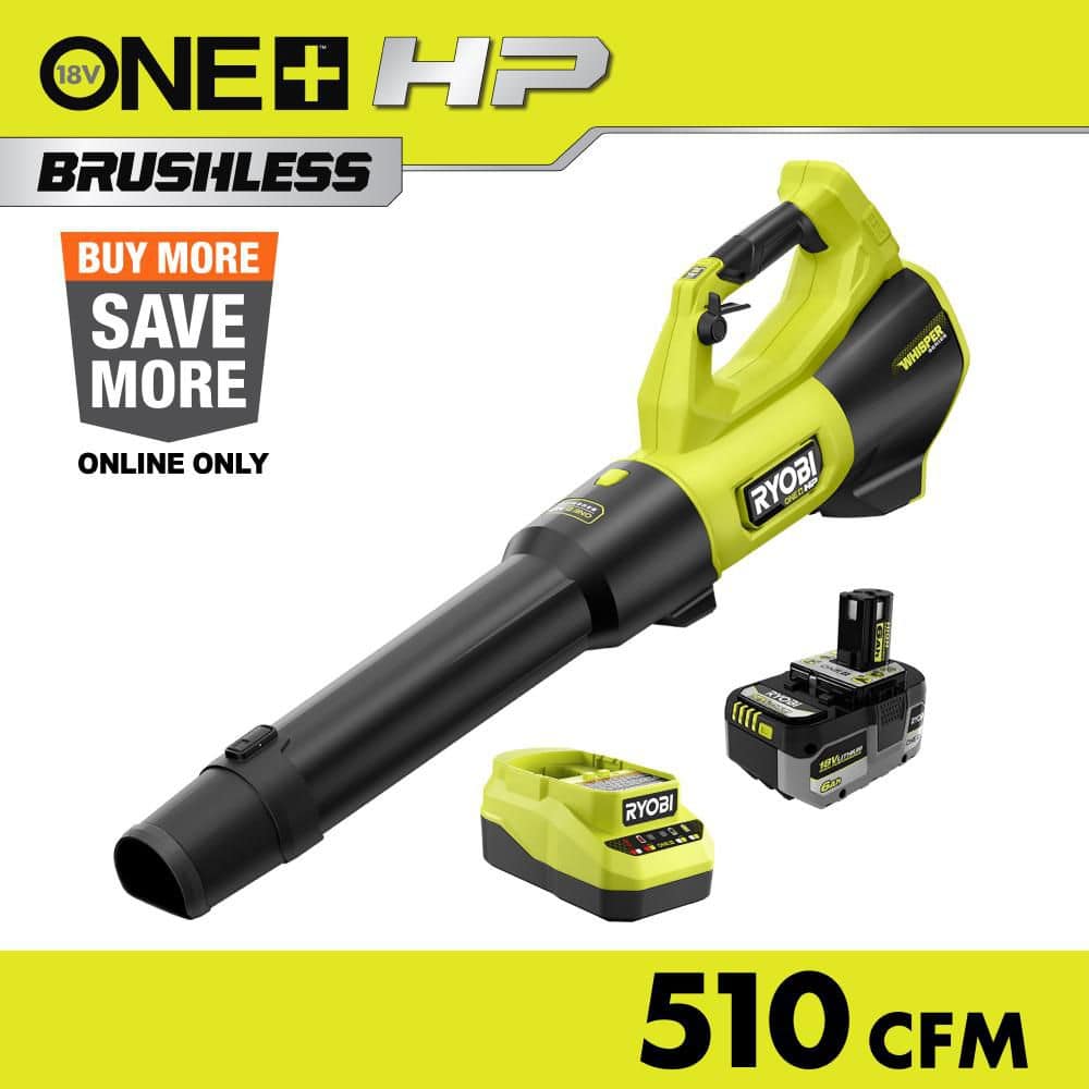 RYOBI ONE+ HP 18V Brushless Whisper Series 130 MPH 510 CFM Battery Leaf Blower, 6.0 Ah Battery, Charger PBLLB01K