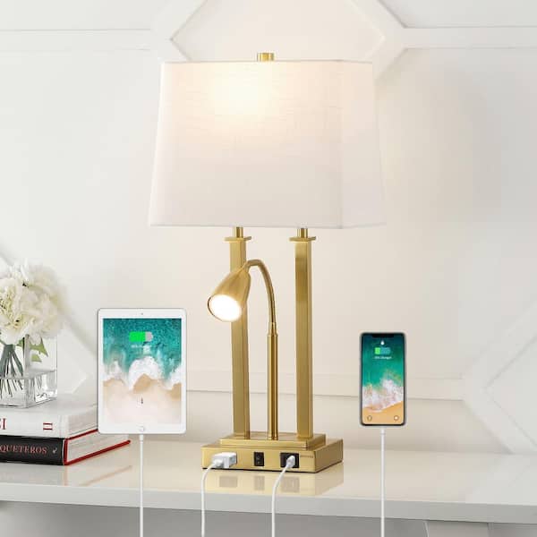 Blaire 23.75 in. Brass Gold 2-Light Metal LED Table Lamp with USB Charging port, Adjustable Reading Light and AC Outlet