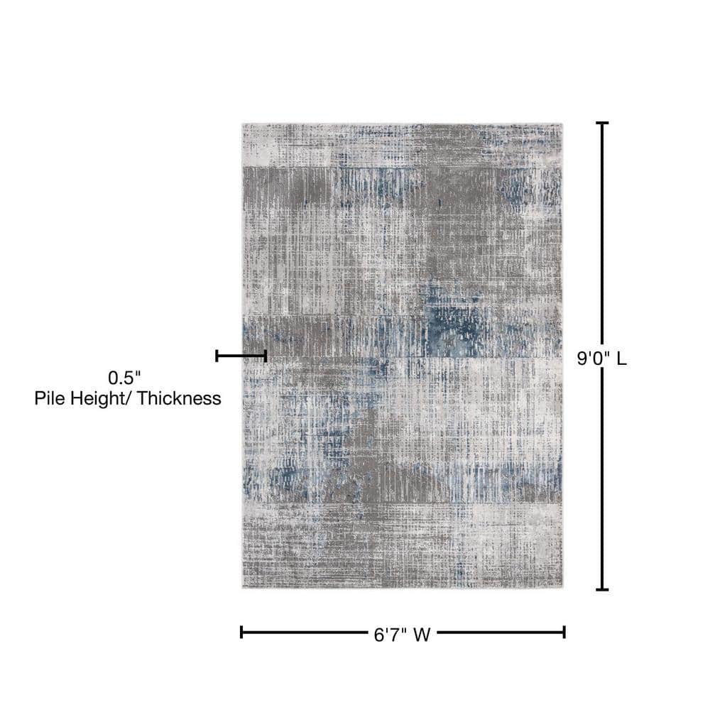 Modern Abstract Grey/Blue Synthetic Area Rug 6'7" x 9'