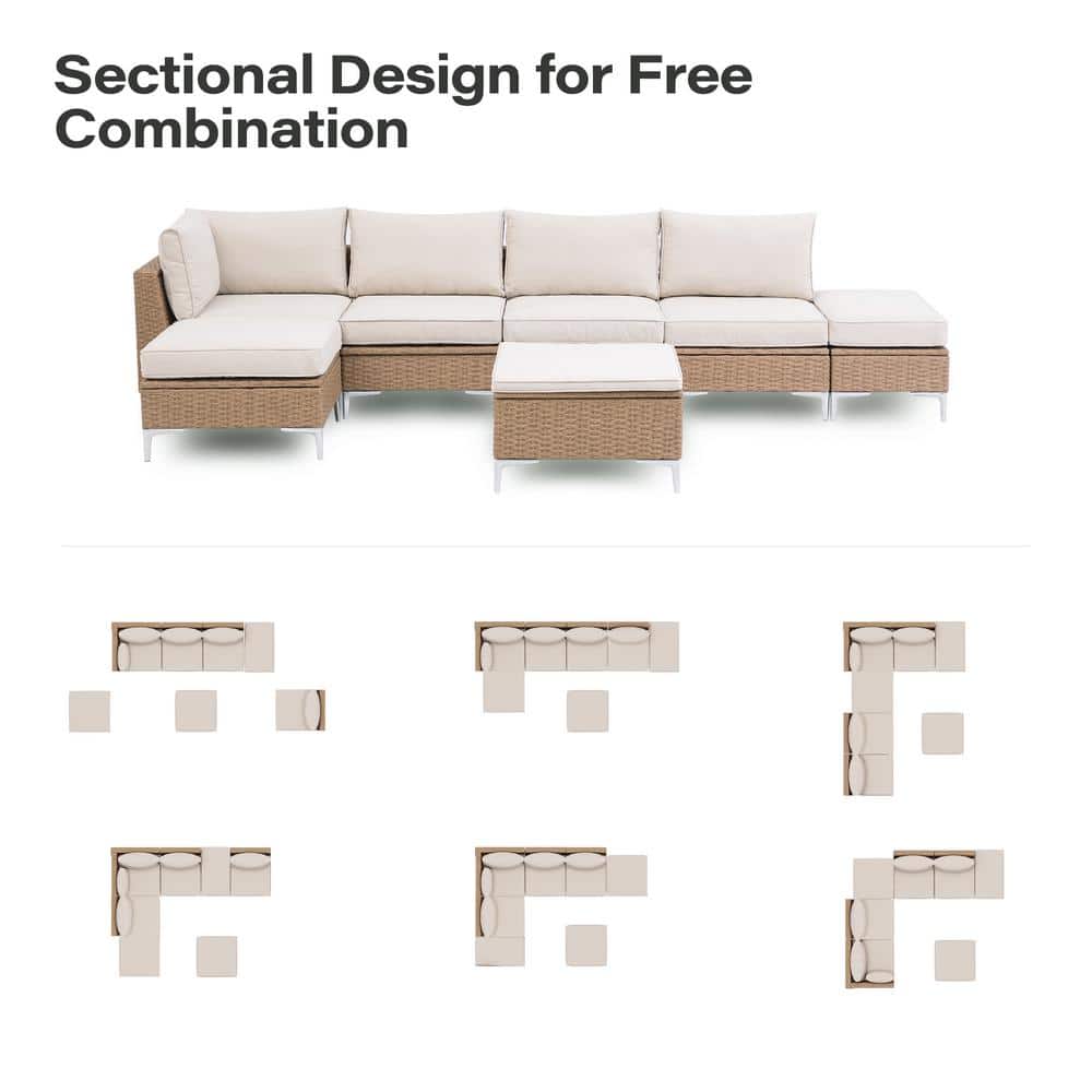 Beige and Brown Steel Frame 7-Piece Outdoor Sectional Sofa Set