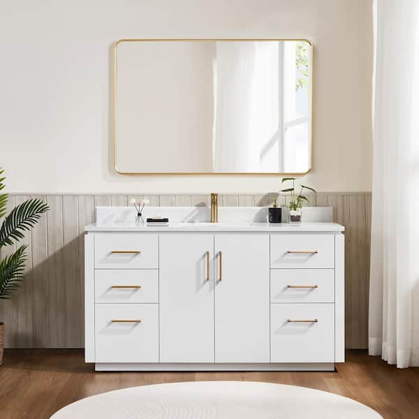 ROSWELL San 60 in. W x 22 in. D x 33.8 in. H Single Bath Vanity in White with White Grain Composite Stone Top