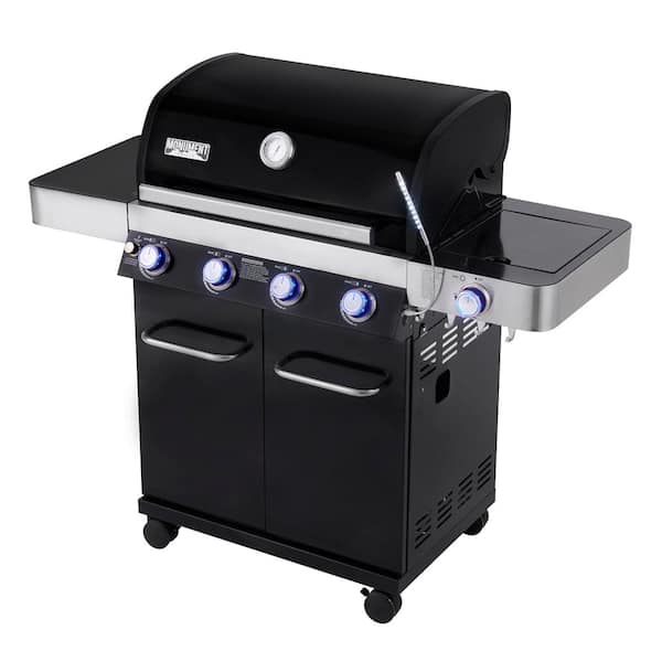 Monument Grills 4-Burner Propane Gas Grill in Black with LED Controls, Side Burner and USB Light