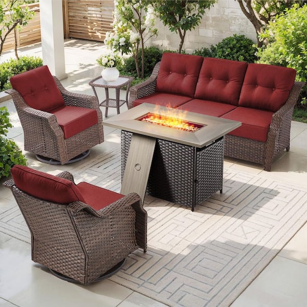 FangorHills 5-Piece Wicker Patio Conversation Set with Red Cushions and Fire Pit Table