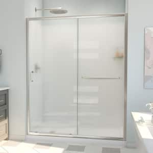 60 in. W x 78-3/4 in. H Sliding Semi-Frameless Shower Door Base and White Wall Kit in Brushed Nickel and Frosted Glass
