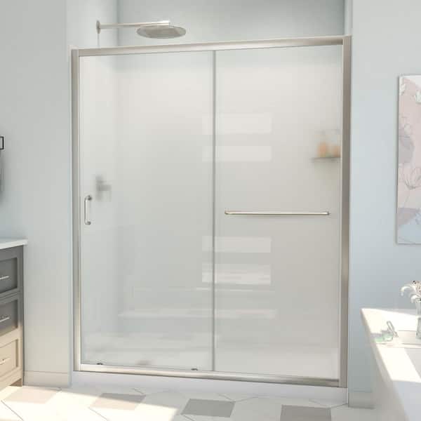 DreamLine 60 in. W x 78-3/4 in. H Sliding Semi-Frameless Shower Door Base and White Wall Kit in Brushed Nickel and Frosted Glass