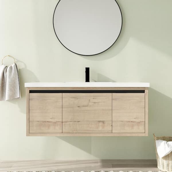 48 in. Wall-Mounted Single Oak Bath Vanity with White Resin Vanity Top Assembled