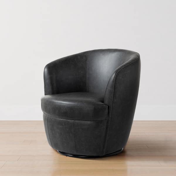 Black PU Leather Swivel Barrel Arm Chair with Metal Base (Set of 1)