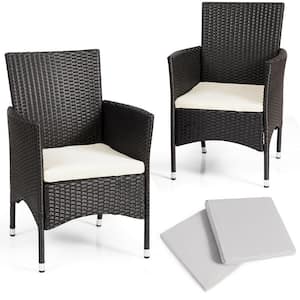 Black 2-Piece Patio Rattan Wicker Outdoor Dining Chairs Set with 2-Set White Cushion Covers