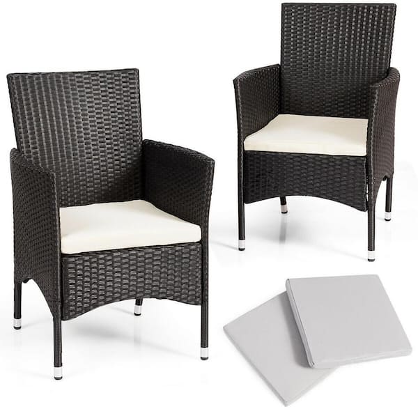 Costway Black 2-Piece Patio Rattan Wicker Outdoor Dining Chairs Set with 2-Set White Cushion Covers