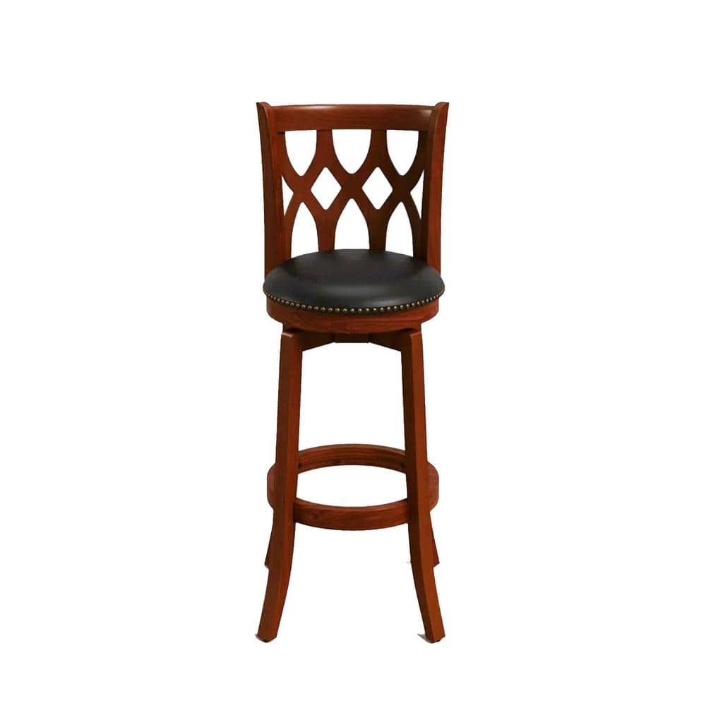 Dark Cherry Swivel Bar Stool with Black Faux Leather Seat