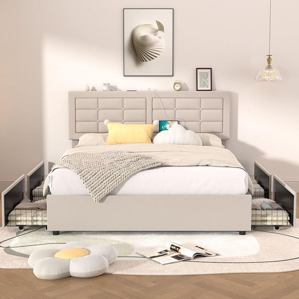 VECELO Upholstered Bed Frame Beige Metal Frame Full Platform Bed With 4 ...