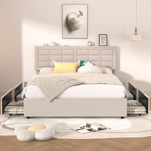 Upholstered Bed Frame Beige Metal Frame Full Platform Bed with 4-Drawers, Headboard and Built-in USB and Type C Ports