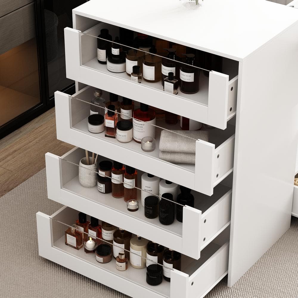White Wood Free Standing 47.2 in. W Jewelry Armoire With Tempered Glass Top and 8-Drawers - thumbnail 8