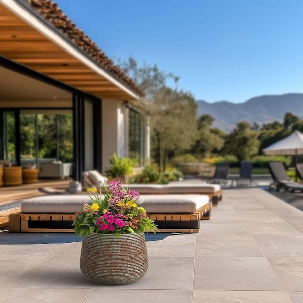 13 in. Middle Muted Teal (Enhanced Interior) Concrete Round Planter / Pot with Drainage Holes