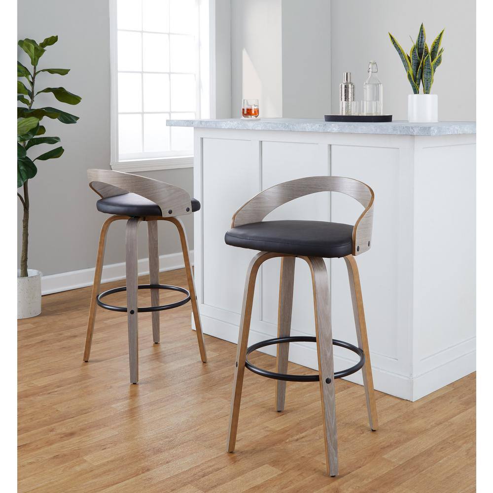 Light Grey Wood and Black Metal Swivel Bar Stool with Faux Leather Seat