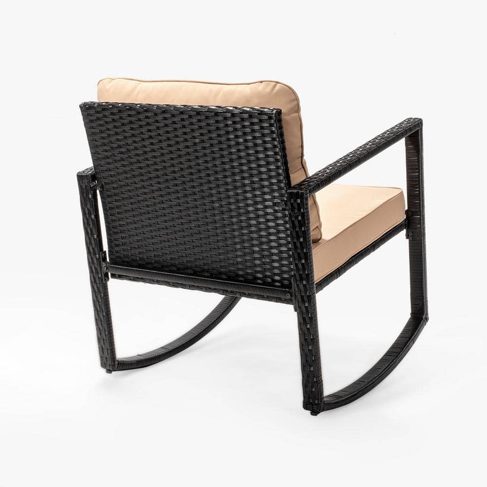 Black Steel and Beige Wicker Rocking Bistro Set with Glass Table