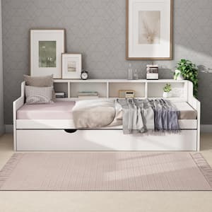 White Wood Twin Size Daybed with Shelves and Twin Size Trundle for Guest Room, Small Bedroom, Study Room
