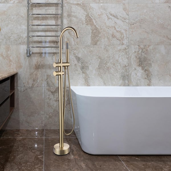 Free Standing Tub Faucets with Shower in Brushed Nickel, Gooseneck Floor Mounted Tub Fillers
