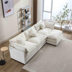 112.2 in. Square Arm Chenille L-Shaped Sofa with Ottoman in Beige