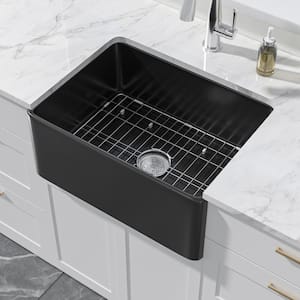Farmhouse Kitchen Sink 24 in. Apron Front Single Bowl Black Fireclay Kitchen Sink with Bottom Grids and Drain Barn Sink